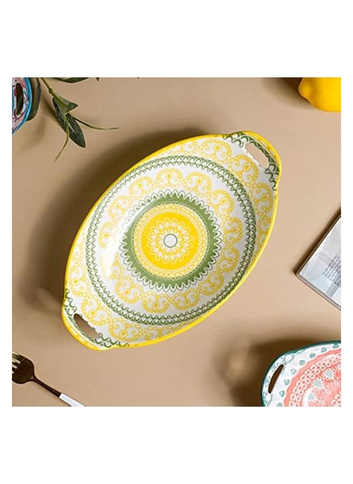 Yellow and Green Mandala Ceramic Long Dish with Handles for Serving Snacks, Appetizers