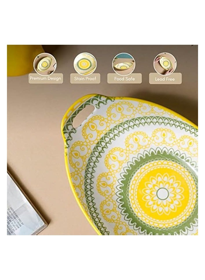 Yellow and Green Mandala Ceramic Long Dish with Handles for Serving Snacks, Appetizers