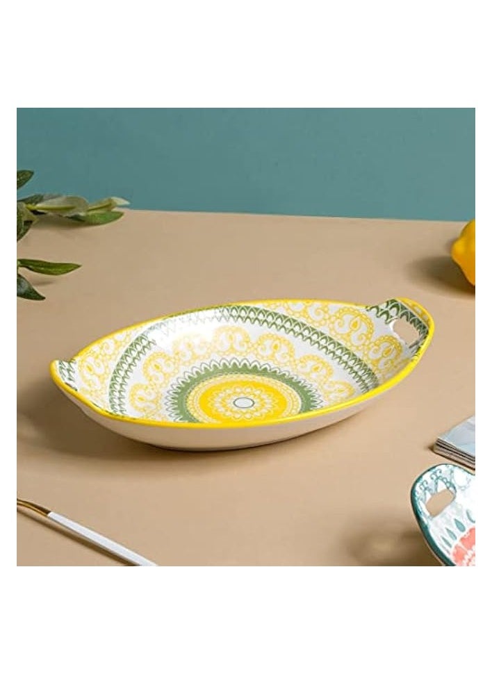 Yellow and Green Mandala Ceramic Long Dish with Handles for Serving Snacks, Appetizers