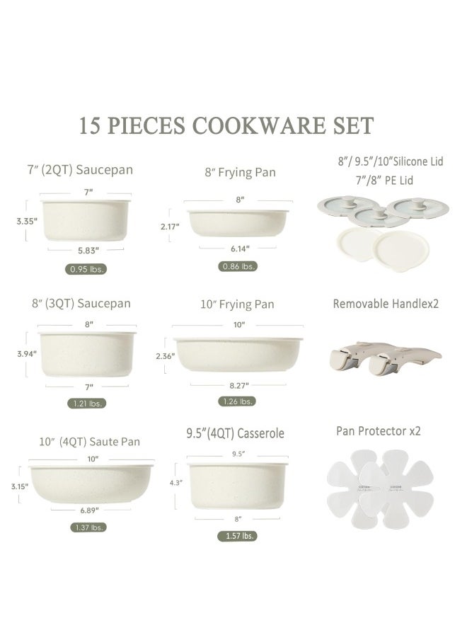 15-Piece Detachable Cookware Set Aluminum Pots And Pans, Non-Stick Surface. Oven And Dishwasher Safe, Suitable For All Stoves, Ice Cream Color