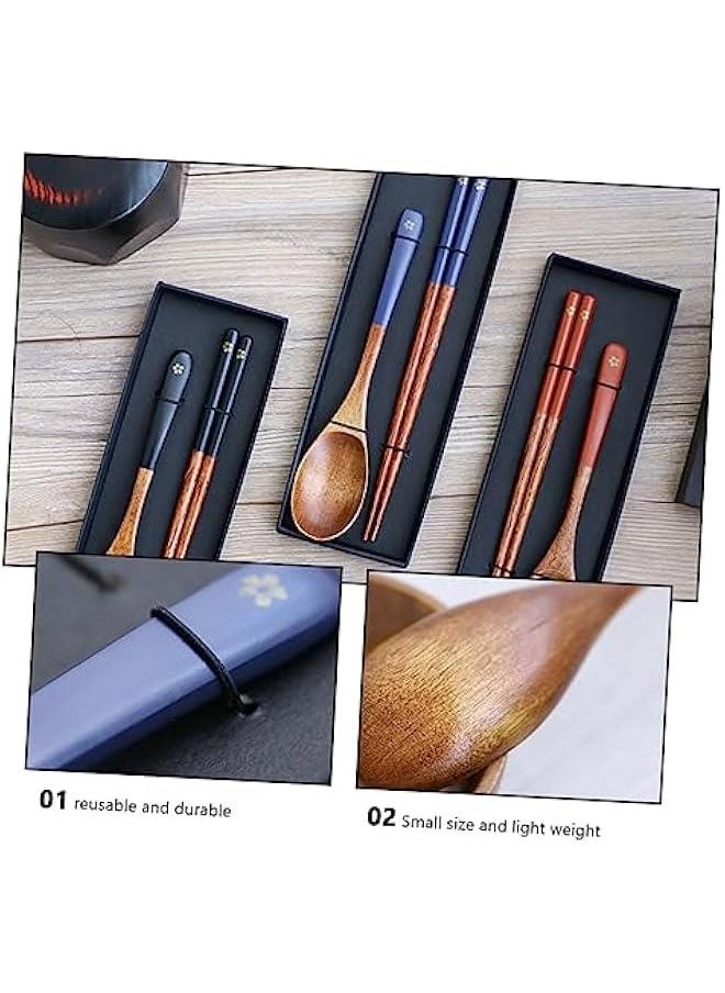 3 Sets Japanese Style Wooden Spoon Chopsticks Wood Utensils Cutlery Set Salad Spoon Chopsticks Sets Travel Cutlery Set Japanese Chopsticks Suit Wooden Travel Utensils