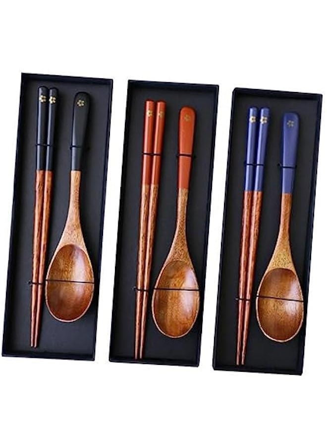 3 Sets Japanese Style Wooden Spoon Chopsticks Wood Utensils Cutlery Set Salad Spoon Chopsticks Sets Travel Cutlery Set Japanese Chopsticks Suit Wooden Travel Utensils