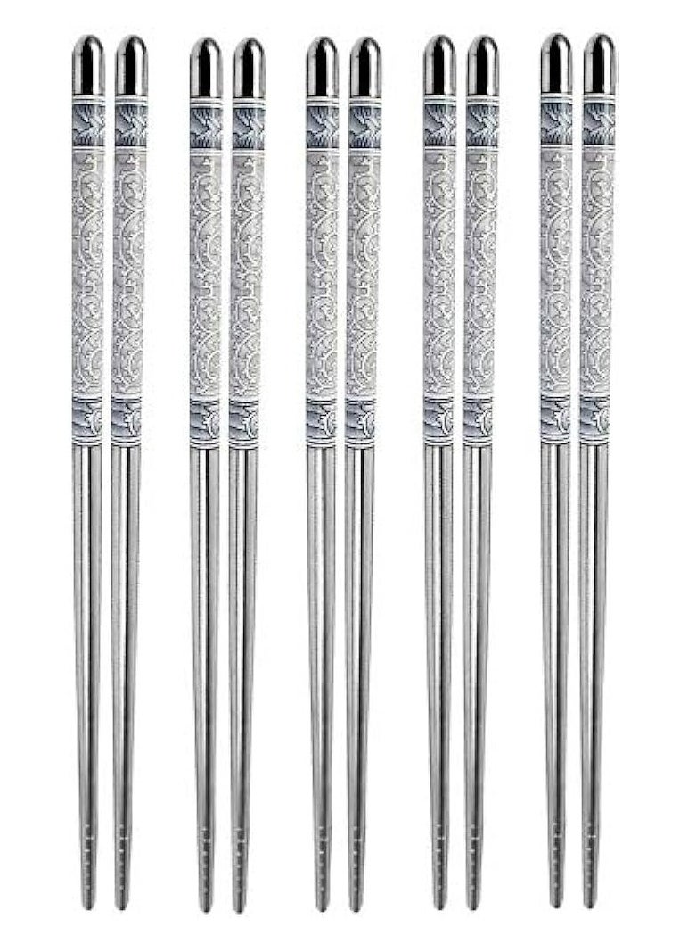 5 Pairs of Stainless Steel Round Chopsticks, Silver