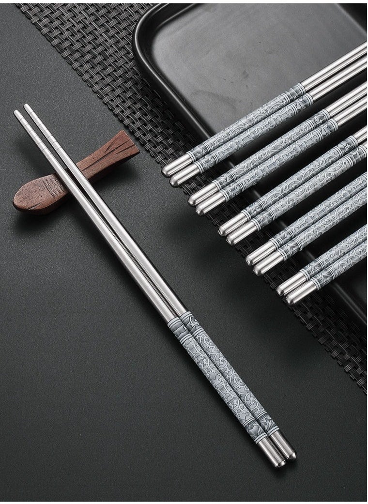 5 Pairs of Stainless Steel Round Chopsticks, Silver