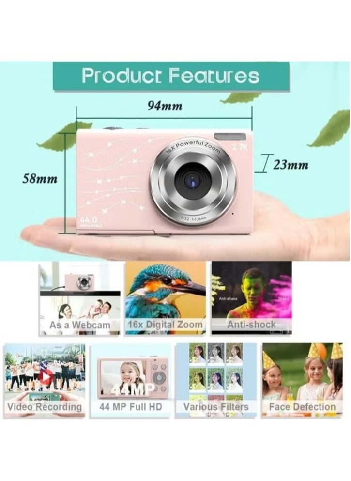 2.4 inch 48MP 16X Zoom 2.7K Full HD Digital Camera Children Card Camera, UK Plug (Pink)