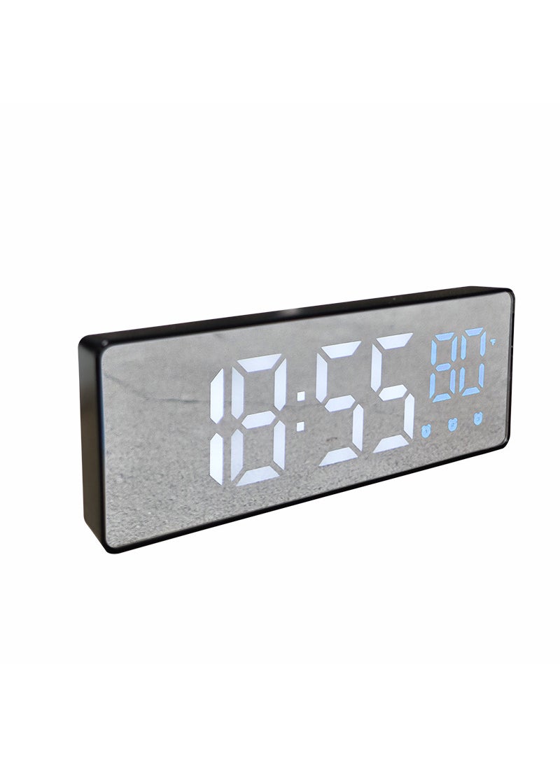 Creative mirror clock mute LED electronic clock student three sets of alarm clock children bedside table clock 0715 Black Shell Mirror (Blue Temperature)