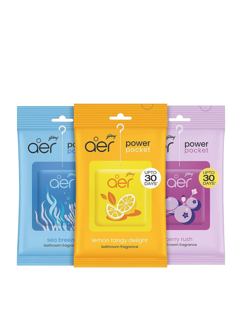 Godrej Aer Power Pocket | Air Freshener- Bathroom And Toilet | Lasts Up To 30 Days | Assorted Pack Of 3 (30G)