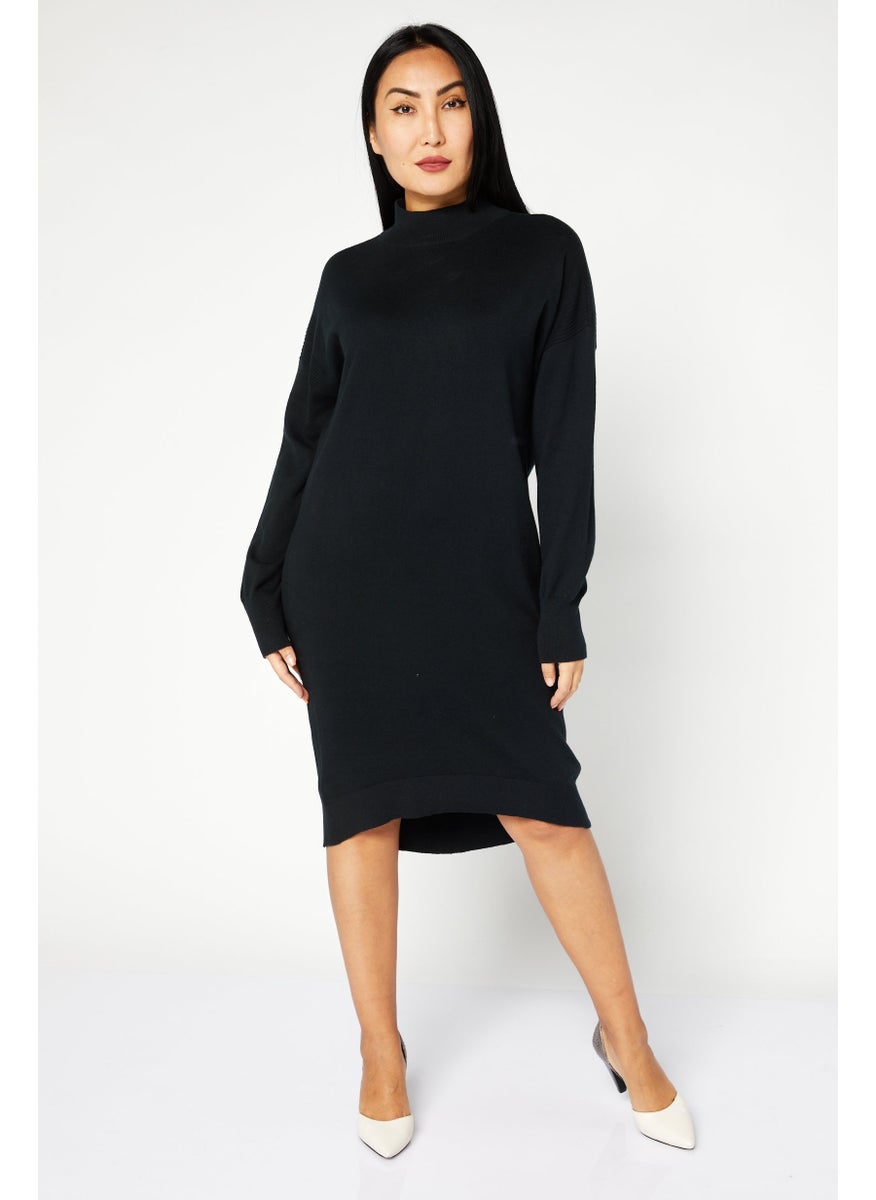 Women Ribbed Collar Long Sleeve Knitted Dress, Black