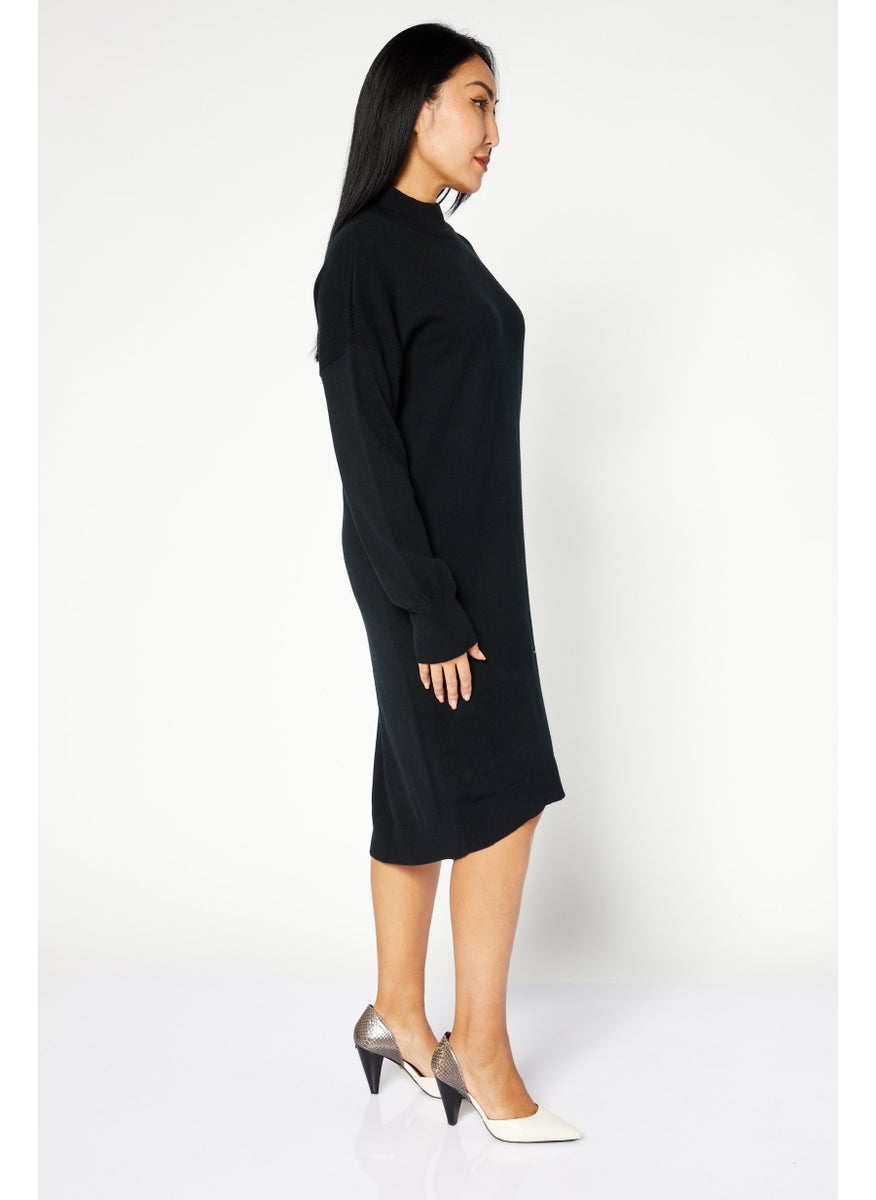 Women Ribbed Collar Long Sleeve Knitted Dress, Black