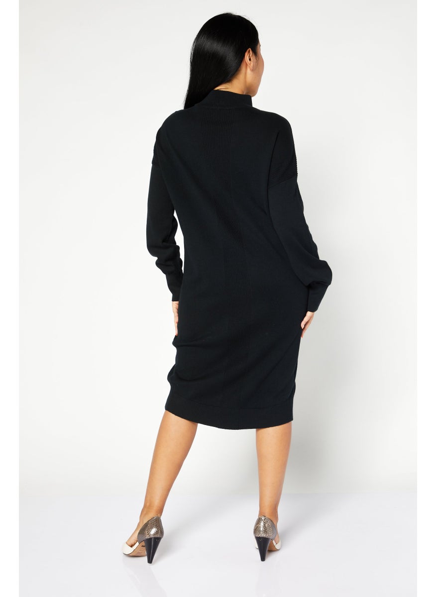 Women Ribbed Collar Long Sleeve Knitted Dress, Black