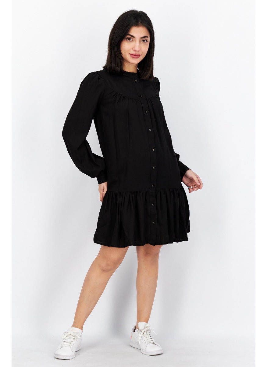 Women Long Sleeve Solid Mini Dress,Black