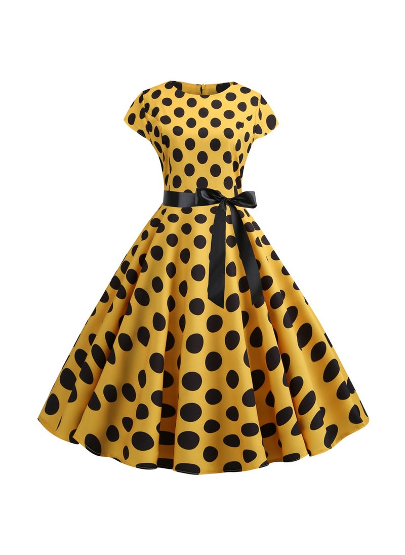 Cross-border Foreign Trade Summer Retro Womens Wear Round Neck Cover Sleeve Round Wave Dot Large Swing Dress with Black Ribbon Waisted 8026 Yellow