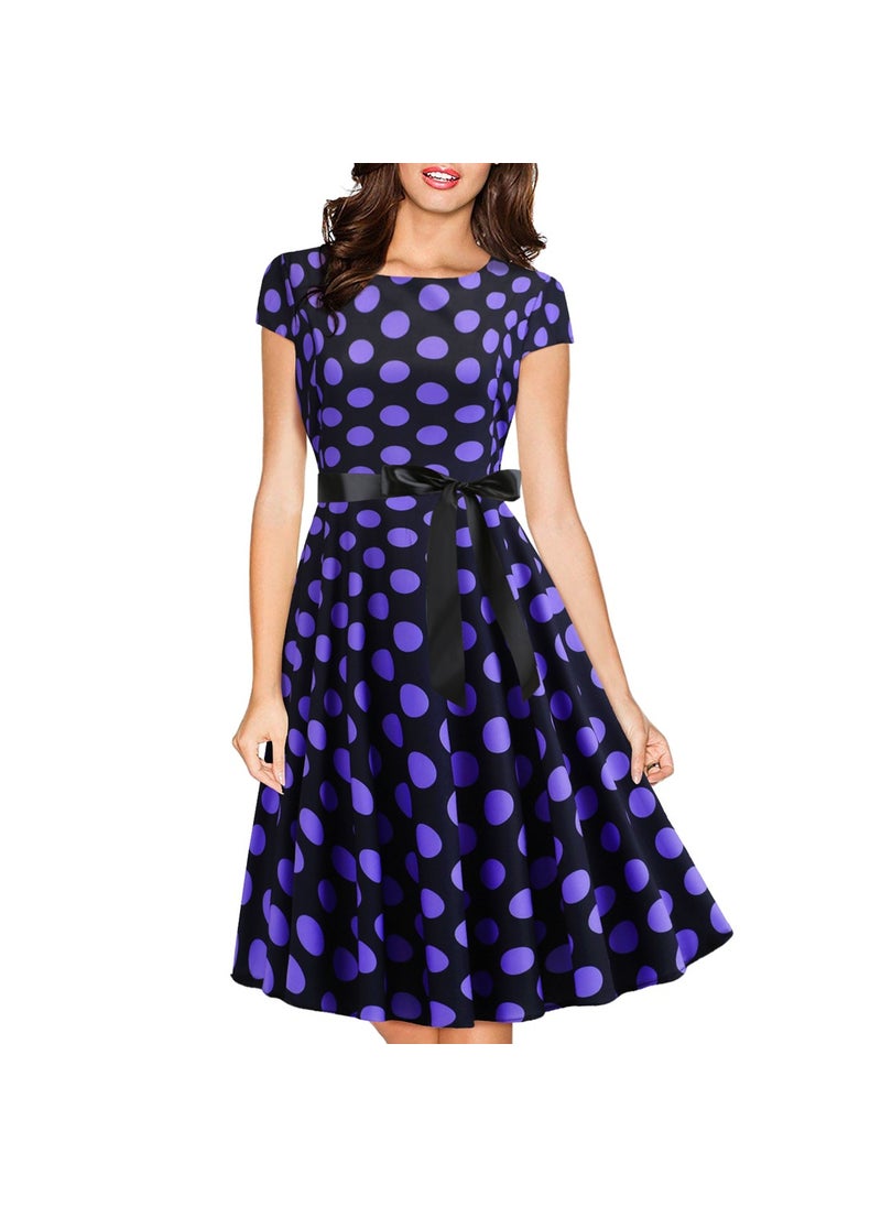 Cross-border Foreign Trade Summer Retro Womens Wear Round Neck Cover Sleeve Round Wave Dot Large Swing Dress with Black Ribbon Waisted 8026 Purple