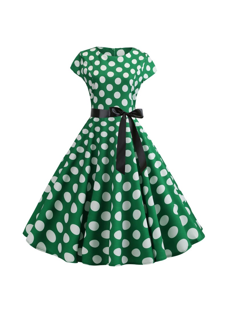 Cross-border Foreign Trade Summer Retro Womens Wear Round Neck Cover Sleeve Round Wave Dot Large Swing Dress with Black Ribbon Waisted 8026 Green