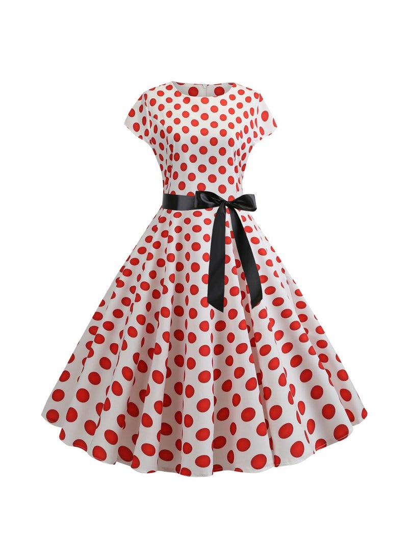 Cross-border Foreign Trade Summer Retro Womens Wear Round Neck Cover Sleeve Round Wave Dot Large Swing Dress with Black Ribbon Waisted 8026 Red