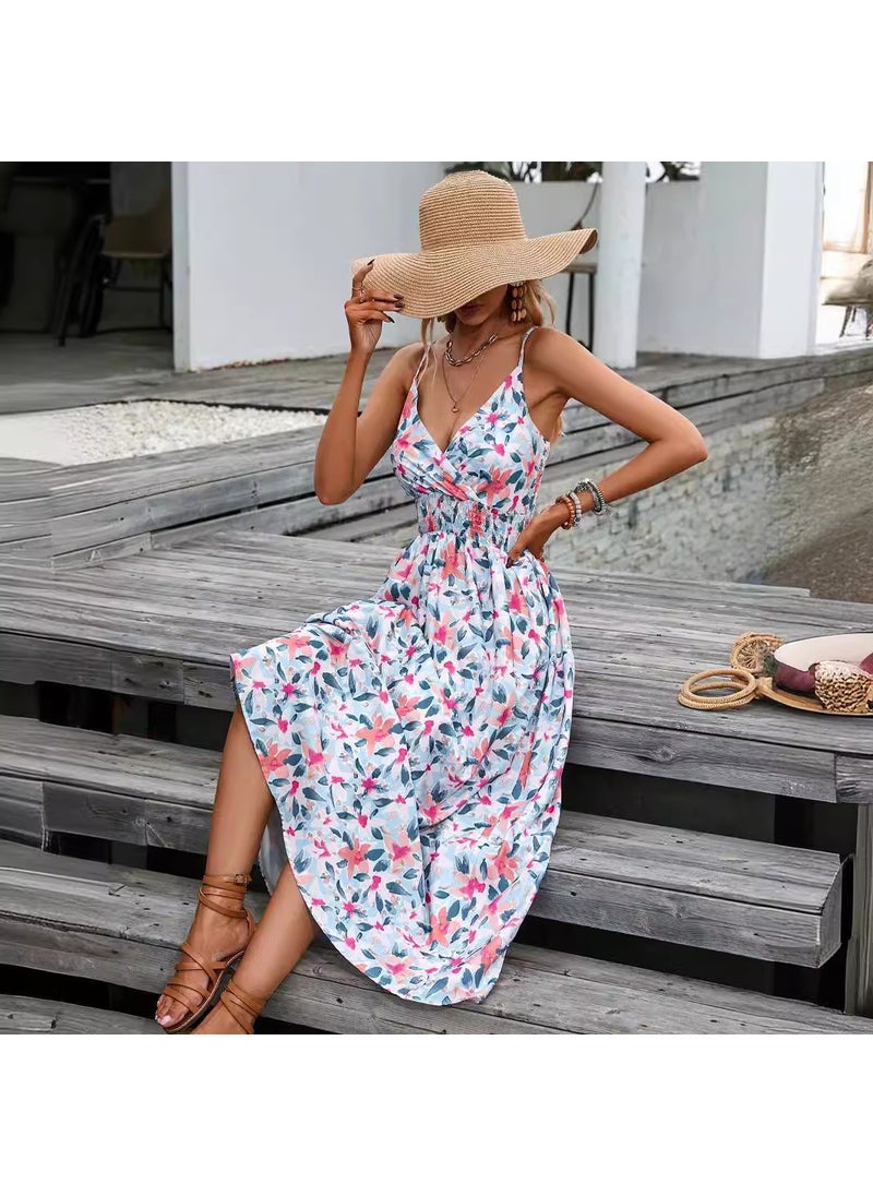 2023 Summer Floral Print V-Neck Sundress 109121 Navy