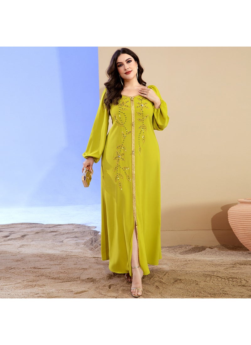 BA3126 New High Luxury Fashionable Foreign Trade Dress Slim-fit Lady Slimming Hand-sewn Long Dress Mustard Yellow