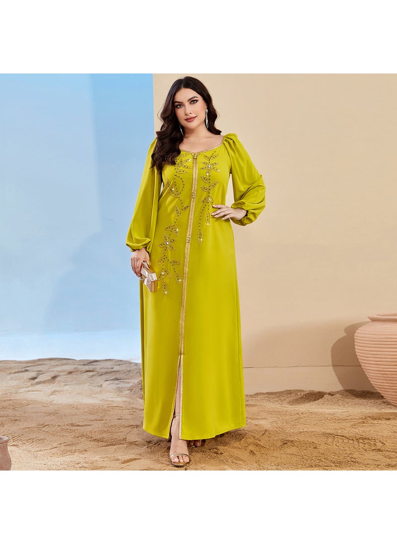 BA3126 New High Luxury Fashionable Foreign Trade Dress Slim-fit Lady Slimming Hand-sewn Long Dress Mustard Yellow