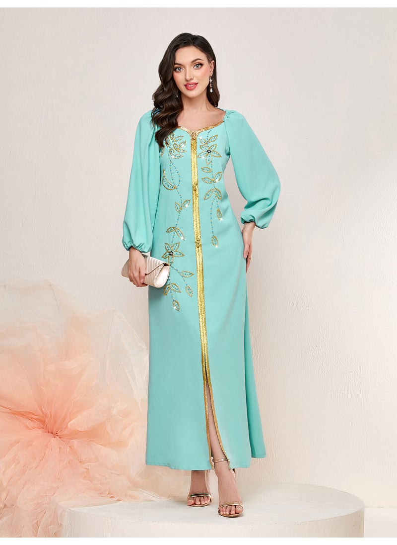 BA3126 New High Luxury Fashionable Foreign Trade Dress Slim-fit Lady Slimming Hand-sewn Long Dress Mint Blue