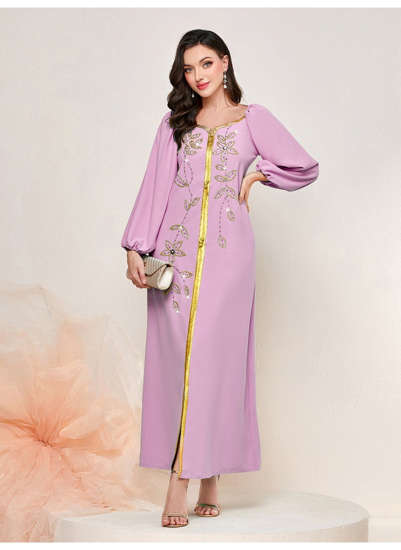 BA3126 New High Luxury Fashionable Foreign Trade Dress Slim-fit Lady Slimming Hand-sewn Long Dress purple pink