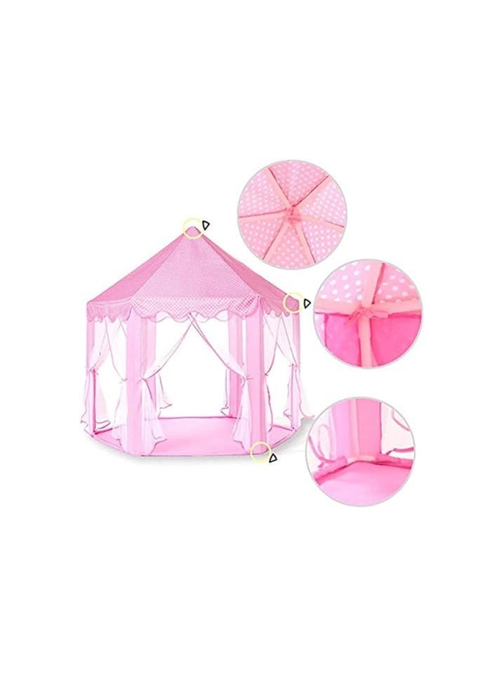 Pink Children's Play Tent with Gabled Roof, Scalloped Edges, and Lace Draped Posts – Pastel Pink Fabric, Checkered Pattern, 55-inch Height, Ideal for Indoor Play