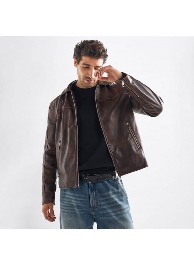 Solid Zip Through Jacket with Pockets and Buckle Detail