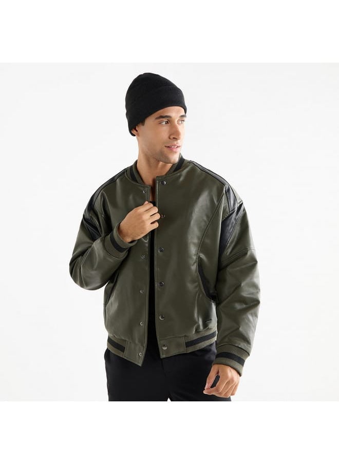 Solid Bomber Jacket with Snap Button Closure