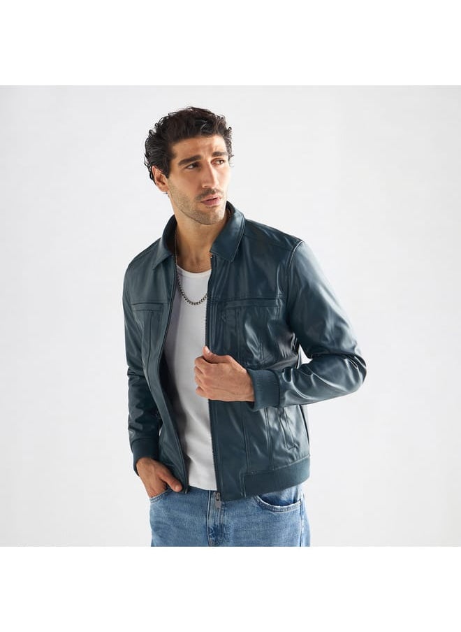 Solid Biker Jacket with Zip Closure and Pockets