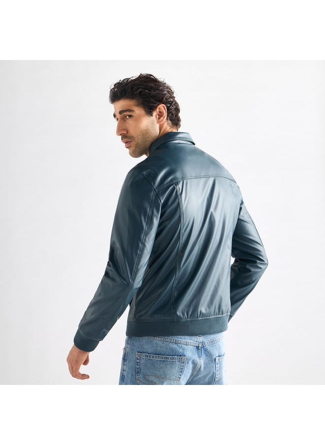 Solid Biker Jacket with Zip Closure and Pockets