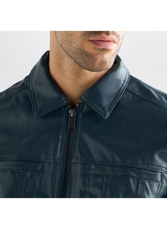 Solid Biker Jacket with Zip Closure and Pockets