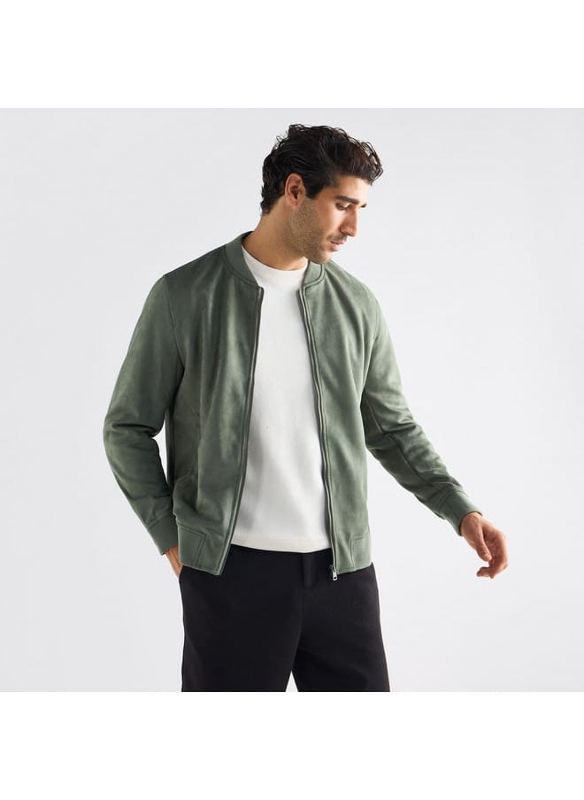 Solid Bomber Jacket with Zip Closure and Pockets