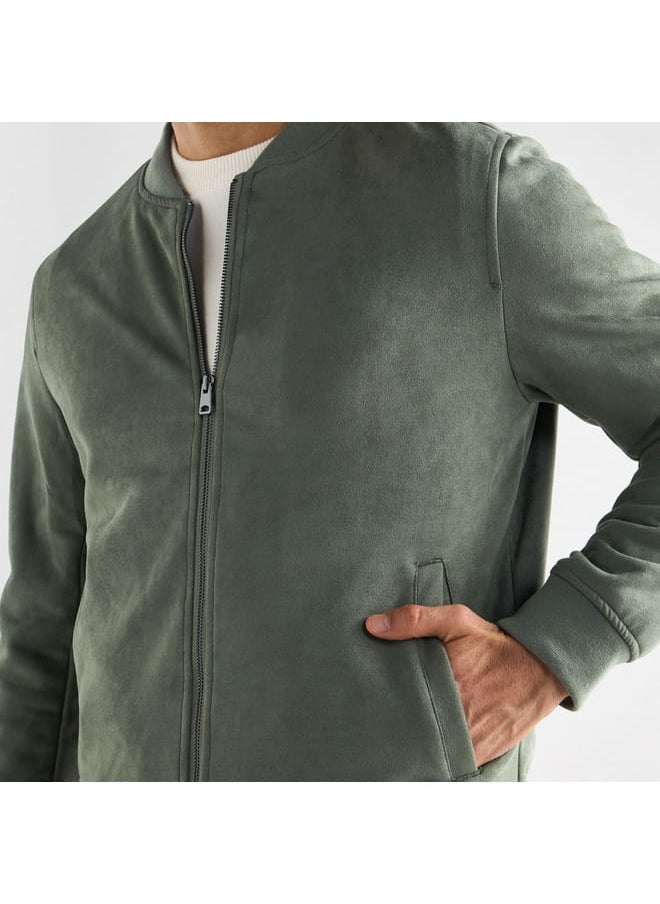 Solid Bomber Jacket with Zip Closure and Pockets