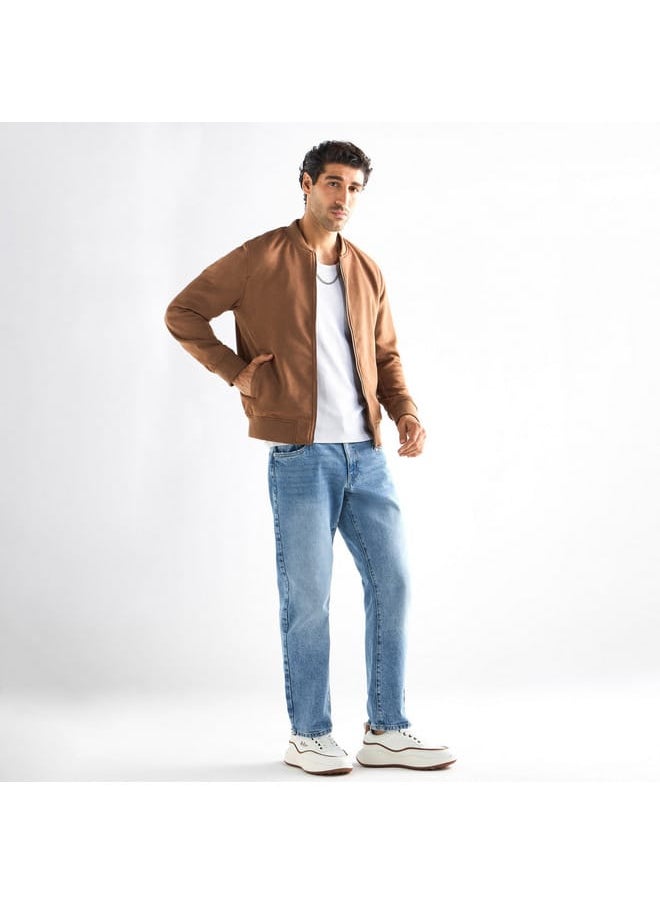 Solid Bomber Jacket with Zip Closure and Pockets