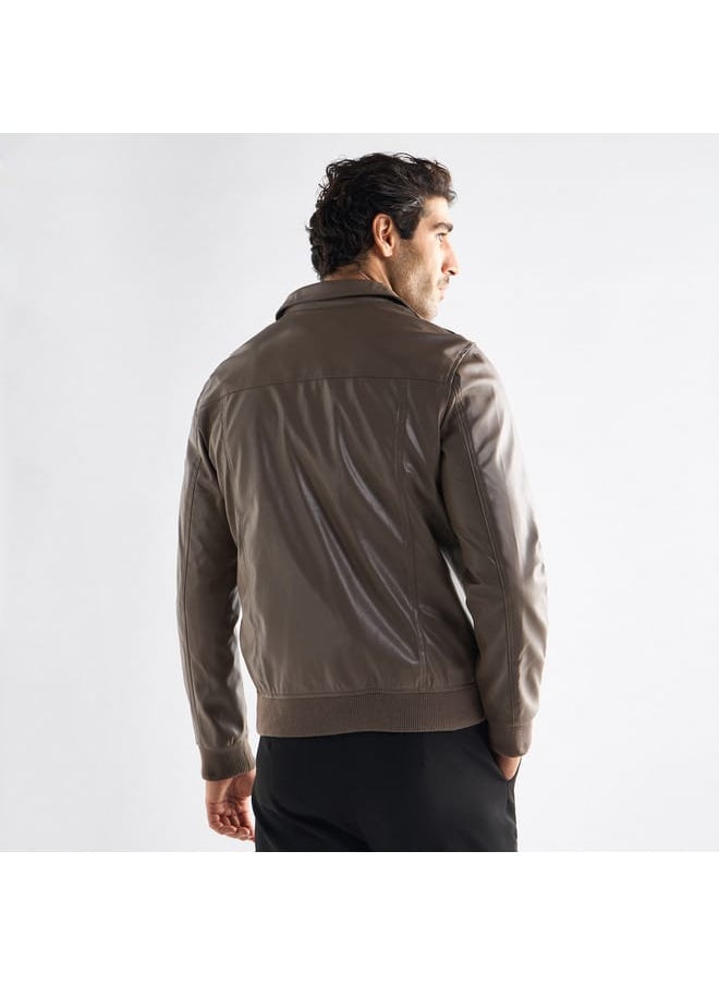 Solid Biker Jacket with Zip Closure and Pockets