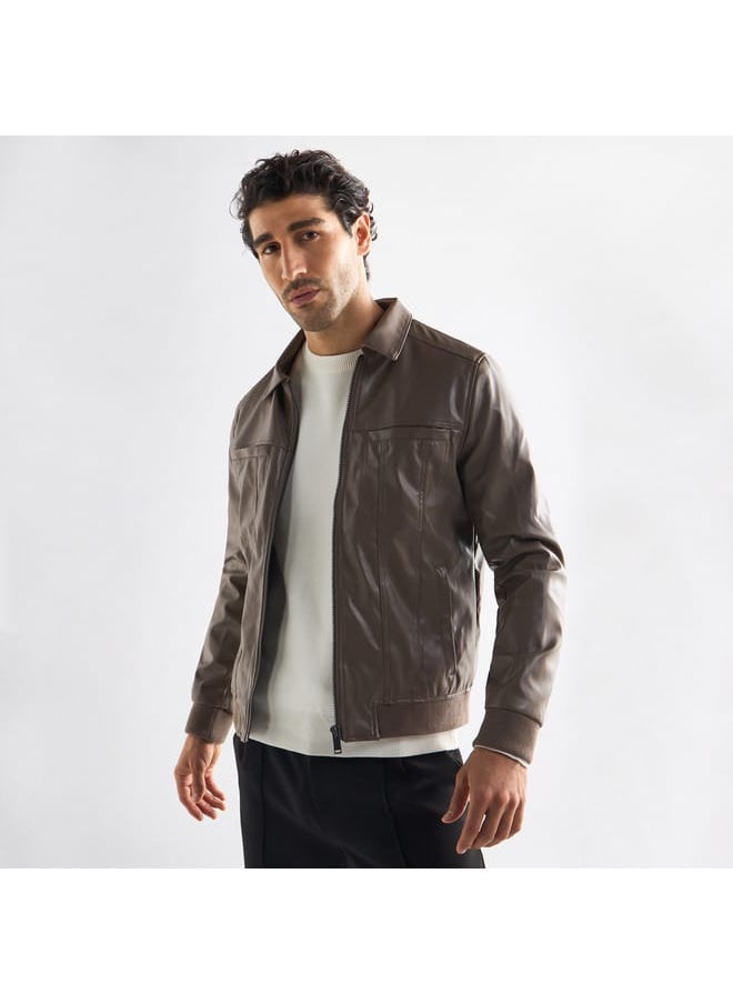 Solid Biker Jacket with Zip Closure and Pockets