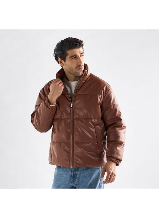 Quilted Puffer Jacket with Long Sleeves and Zip Closure