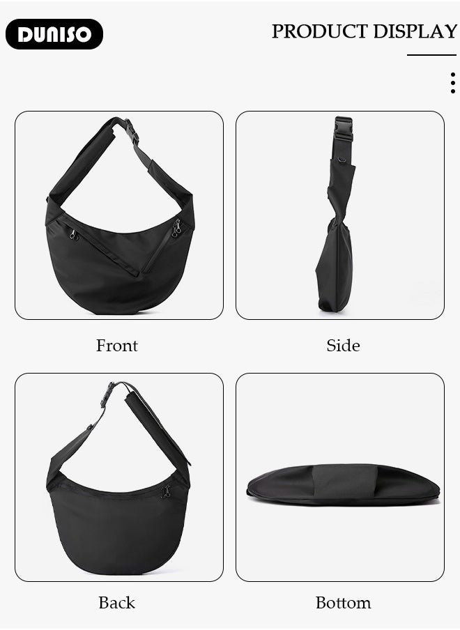 Crescent Crossbody Bag for Men & Women, Multi-Pocket Lightweight Sling Bag with 2 Zippers, Roomy Hobo Bags with Adjustable Strap, Slouchy Dumpling Bag for Work, School, Travel, Daily Live