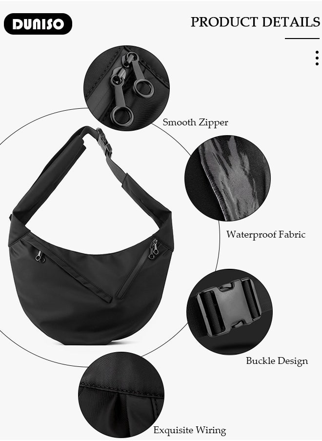 Crescent Crossbody Bag for Men & Women, Multi-Pocket Lightweight Sling Bag with 2 Zippers, Roomy Hobo Bags with Adjustable Strap, Slouchy Dumpling Bag for Work, School, Travel, Daily Live