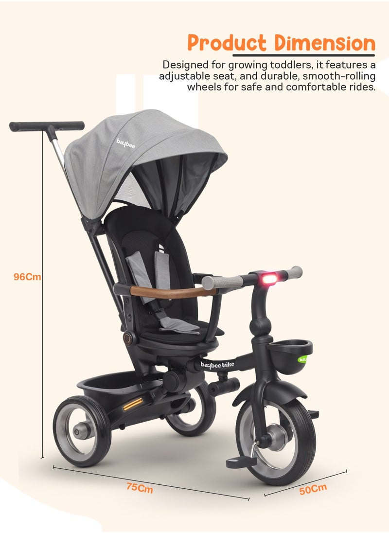 Cozy 7 in 1 Convertible Baby Tricycle for Kids, Foldable Baby Kids Cycle with Parental Push Handle, Canopy, Rotatable Seat, Light, Safety Bar & Belt | Kids Tricycle Cycle for Kids 1.5 to 5 Years Grey