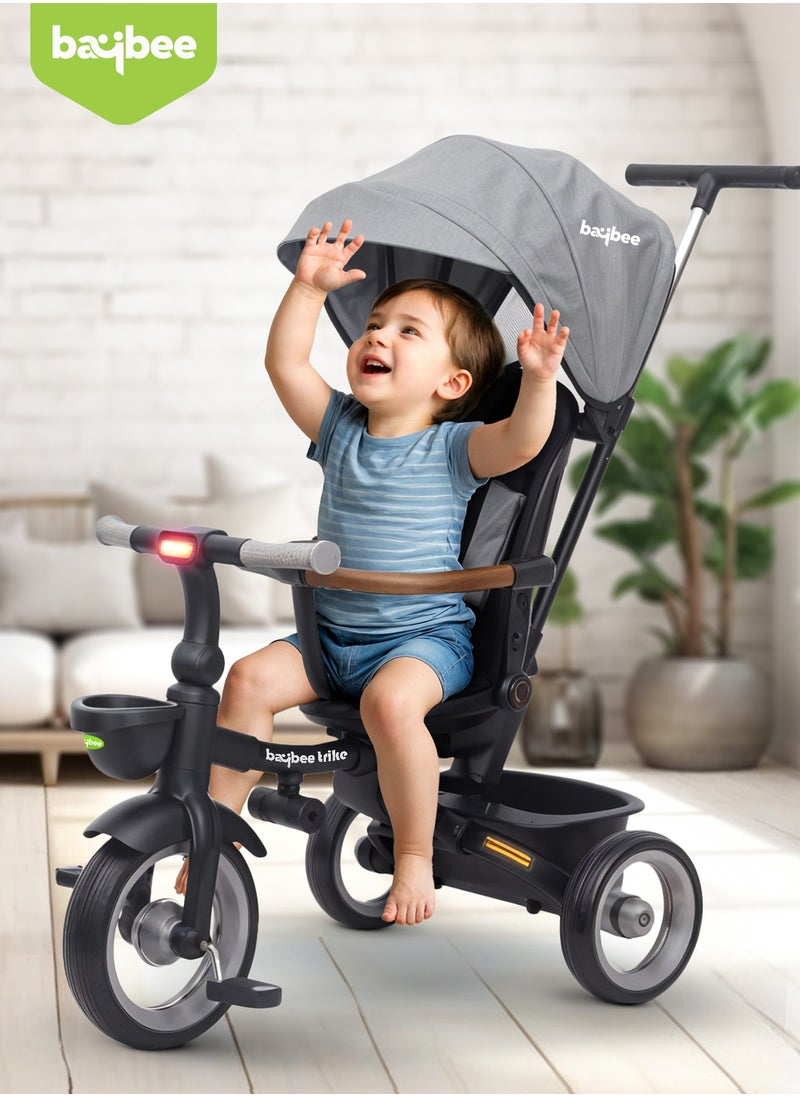 Cozy 7 in 1 Convertible Baby Tricycle for Kids, Foldable Baby Kids Cycle with Parental Push Handle, Canopy, Rotatable Seat, Light, Safety Bar & Belt | Kids Tricycle Cycle for Kids 1.5 to 5 Years Grey