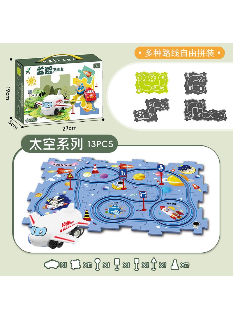 Childrens Educational Rail Car diy City Map Scene Building Variety Assembled Electric Jigsaw Rail Car Space theme [13PCs] 6 puzzle +4 logo +2 obstacles +1 aircraft