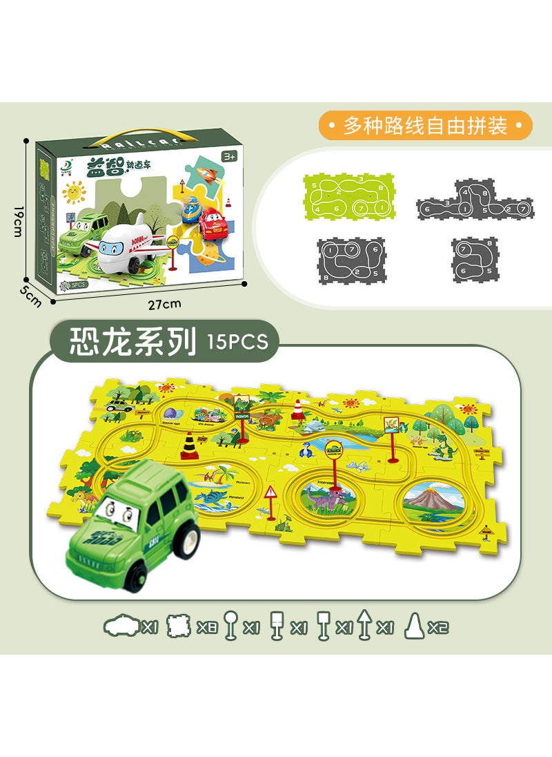 Childrens Educational Rail Car diy City Map Scene Building Variety Assembled Electric Jigsaw Rail Car Dinosaur Theme [15PCs] 8 Puzzle +4 Logo +2 Obstacles +1 Buggy