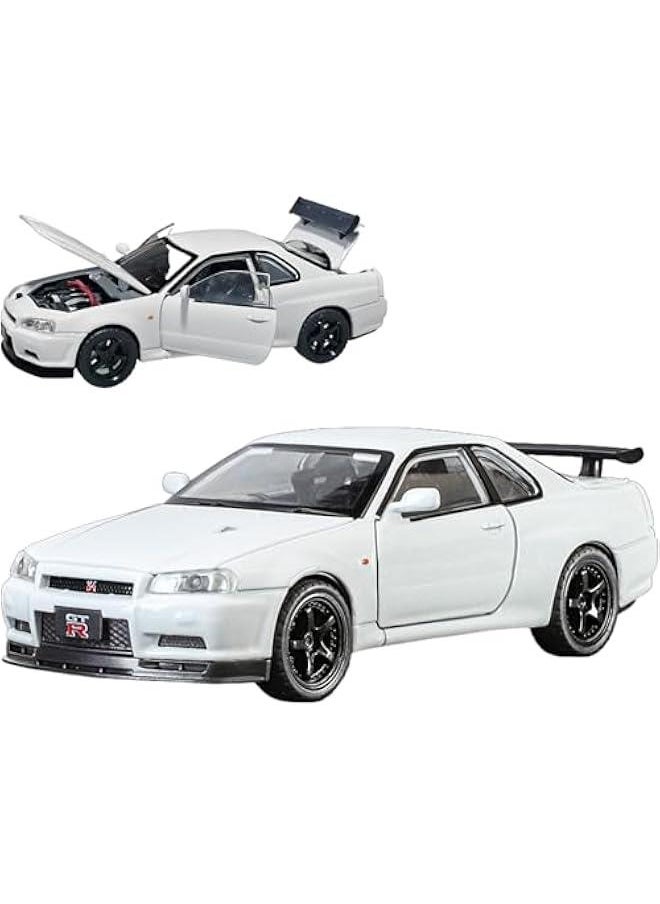 Toy Car Nissan Skyline GTR R34 Model car 1/32 Die-cast Toy Cars Metal Model Car Toys with Light and Sound Pull Back Collectible Model for Children Age 3 + Year Old Festival Gift(White)