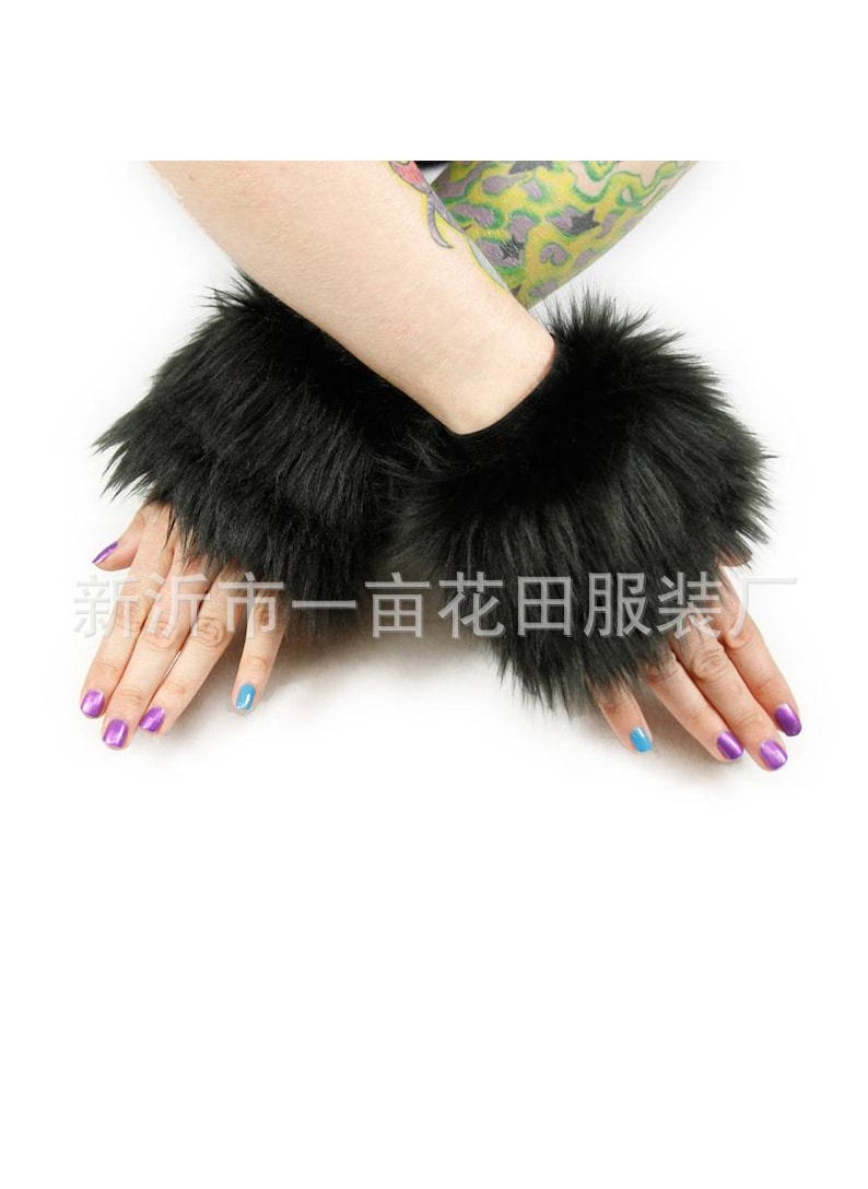 Cross-border autumn and winter Christmas performance clothing furry gloves leg cover thickened sleeve foot cover plush cuff cover suit Black long hair bracelet