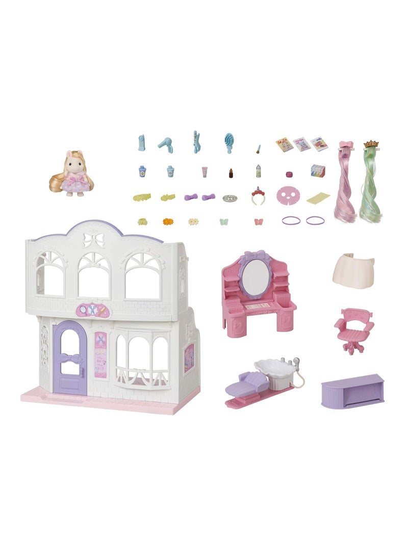 Pony's Hair Salon Playset |Two-Story Salon with Hair Styling Accessories, Dresser, Shampoo Basin, and More | Includes Pony Girl Figure | Ages 3 & Up