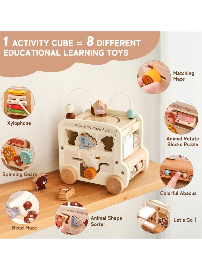 8 in 1 Bus Busy Box Toy, Wooden Kids Toy