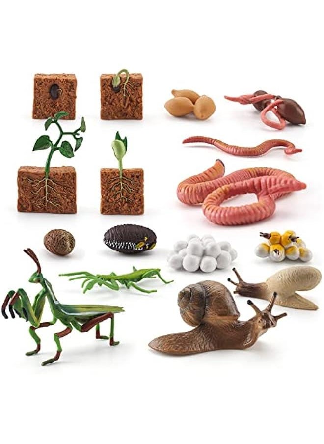 Farm Animals Figurines Life Growth Cycle of Plants Earthworms Mantises Snails, Plastic Food Chain Animal Figures Toy Kit Educational School Project for Kids