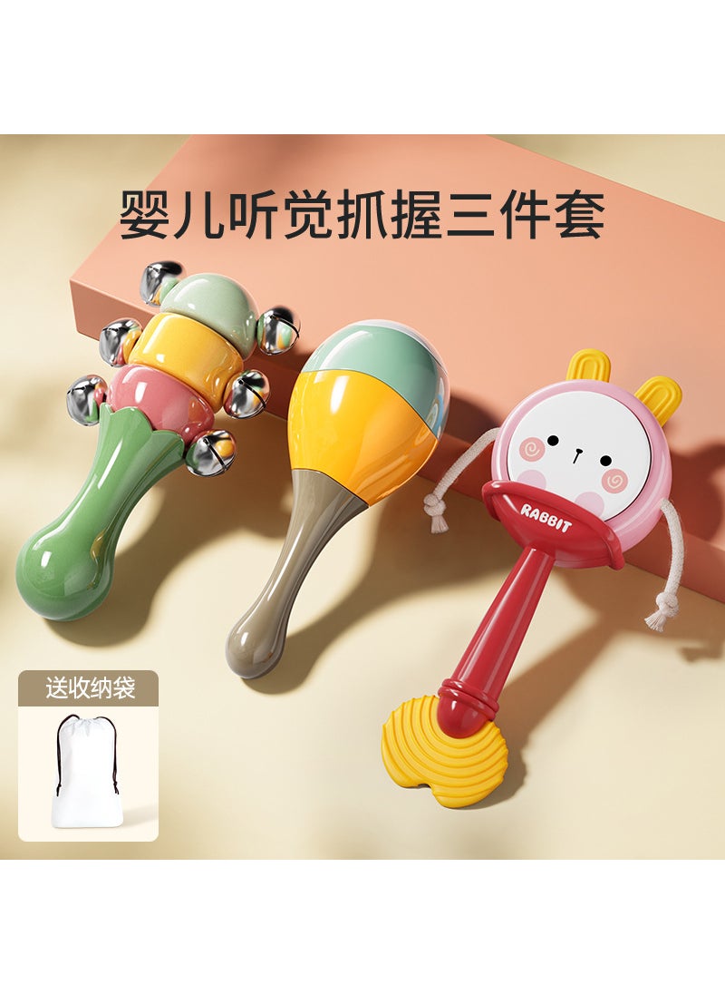 Baby Educational Drum Rattle Toy 0-1Y [hot 3-piece set] sand hammer + hand bell + rattle (rabbit orange) comes with storage bag