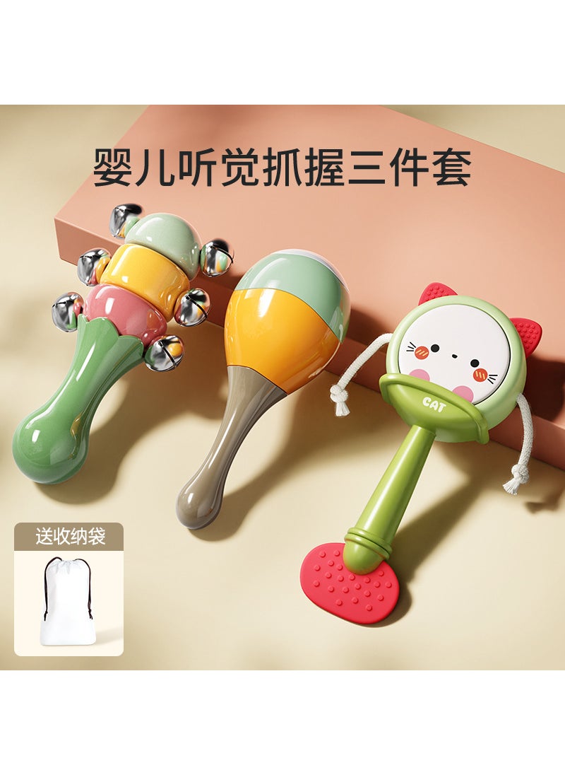 Baby Educational Drum Rattle Toy 0-1Y [baby enlightenment 3-piece set] sand hammer + hand bell + rattle (kitten green) comes with storage bag