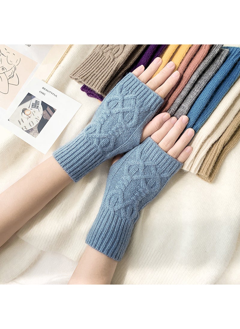 Knitted half-section gloves womens cute winter Open-finger half-finger gloves students men and women couples wool gloves spot wholesale Light blue